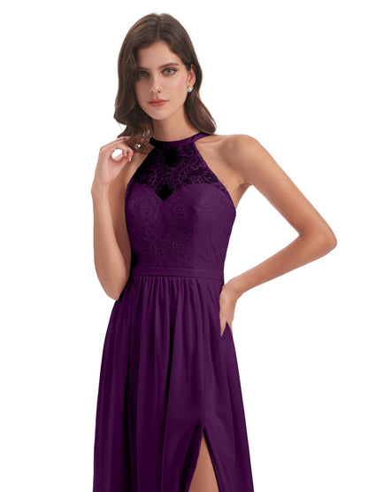 Ailani Halter Split Lace Long Bridesmaid Dresses