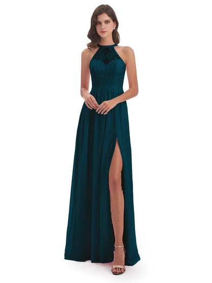 Ailani Halter Split Lace Long Bridesmaid Dresses