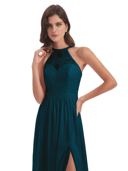 Ailani Halter Split Lace Long Bridesmaid Dresses