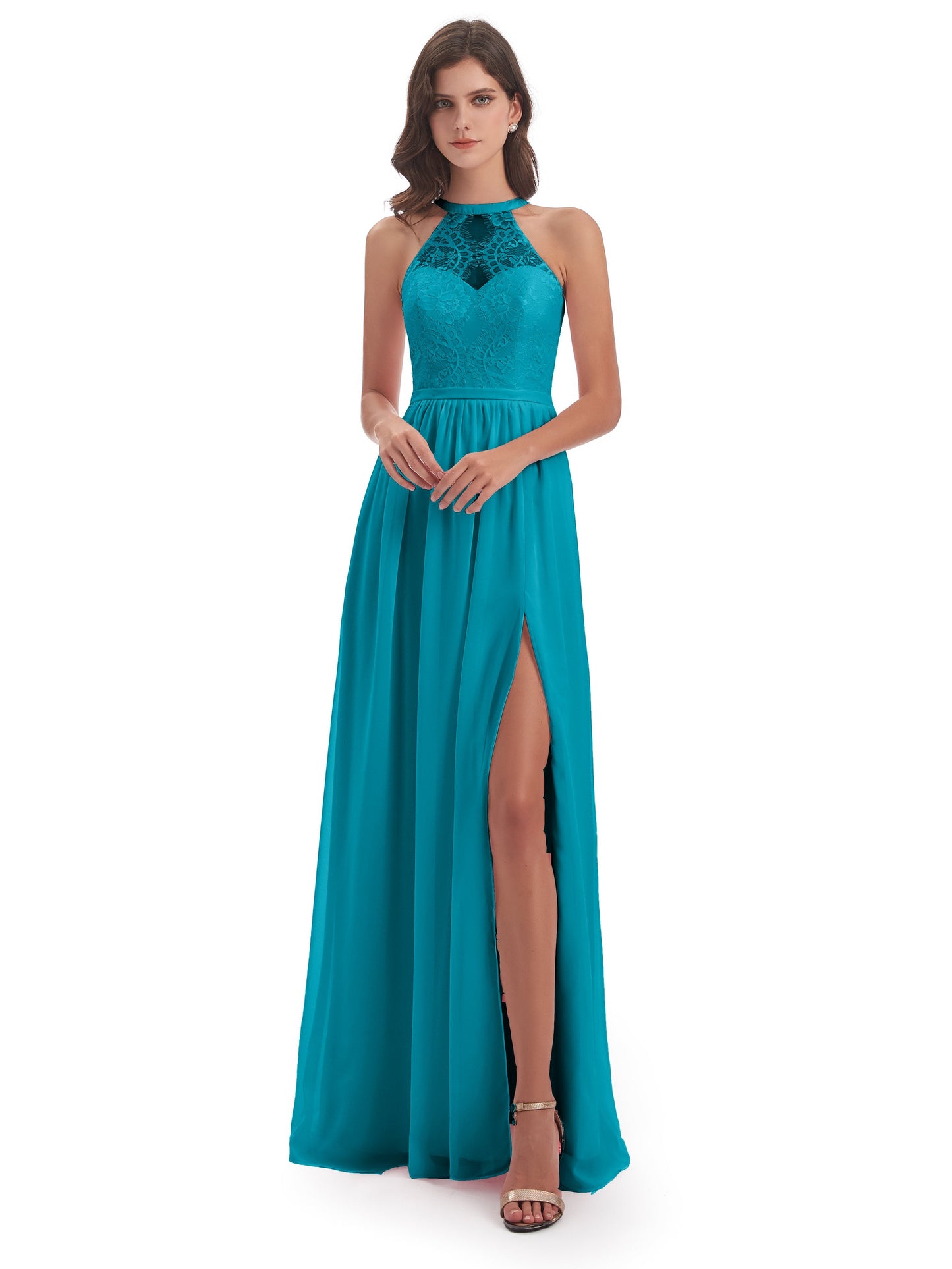 Ailani Halter Split Lace Long Bridesmaid Dresses
