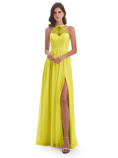 Ailani Halter Split Lace Long Bridesmaid Dresses