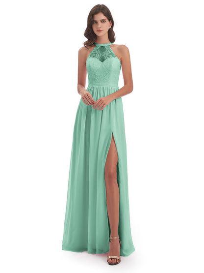 Ailani Halter Split Lace Long Bridesmaid Dresses