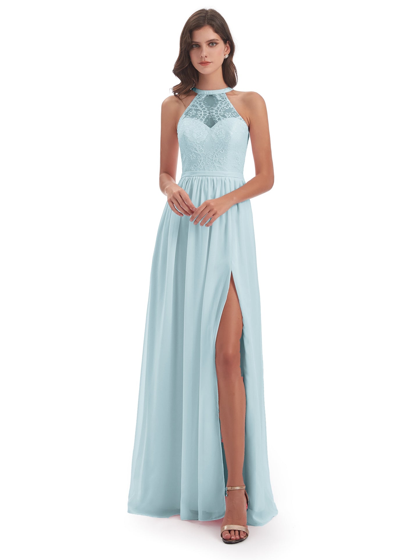 Ailani Halter Split Lace Long Bridesmaid Dresses