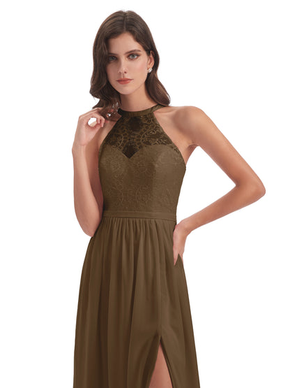 Ailani Halter Split Lace Long Bridesmaid Dresses