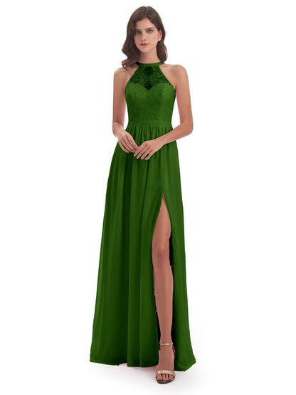 Ailani Halter Split Lace Long Bridesmaid Dresses