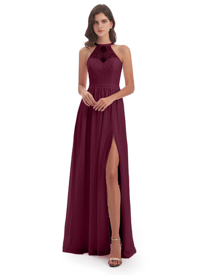 Ailani Halter Split Lace Long Bridesmaid Dresses