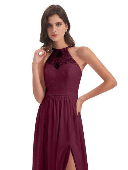 Ailani Halter Split Lace Long Bridesmaid Dresses