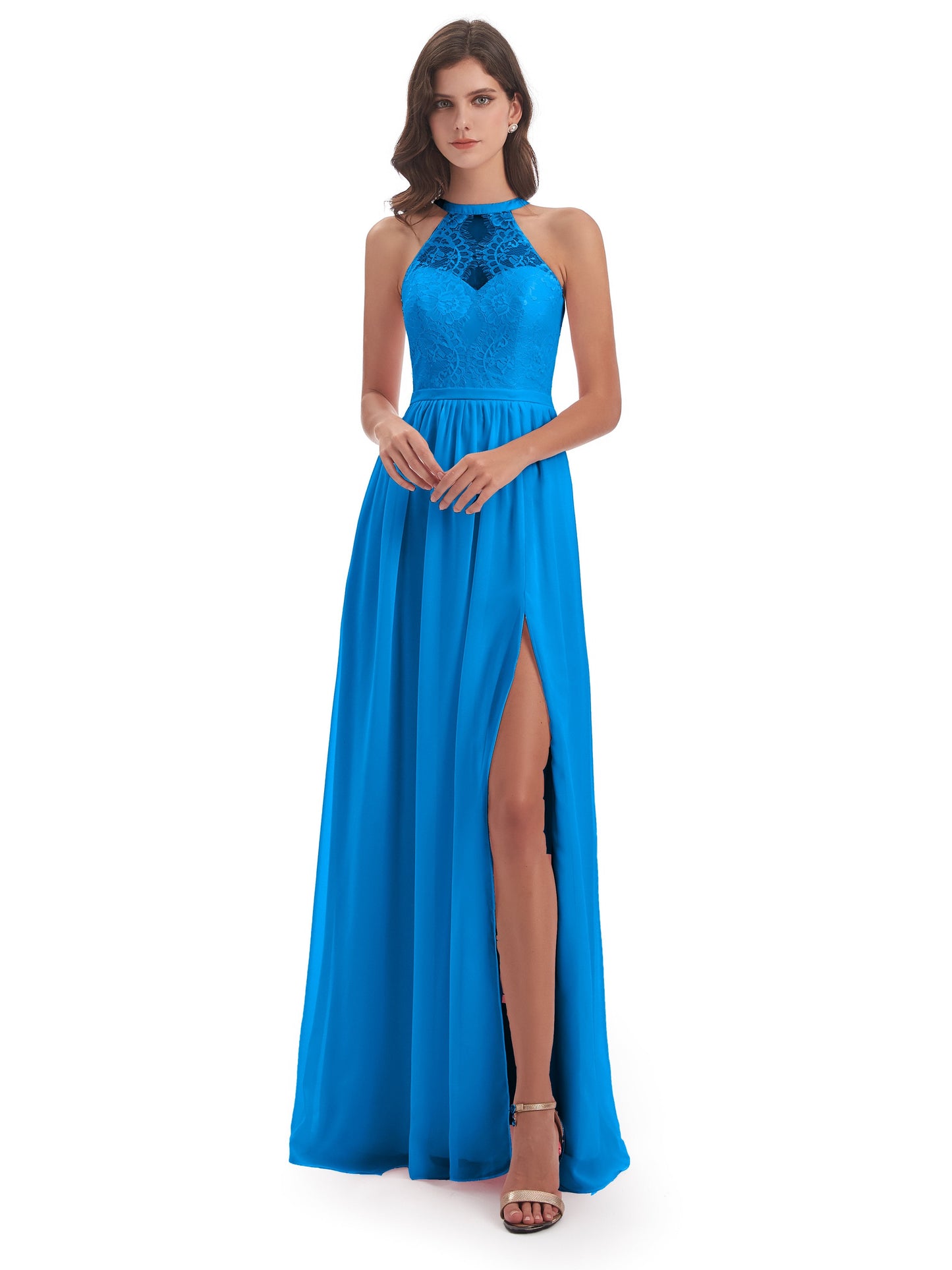 Ailani Halter Split Lace Long Bridesmaid Dresses