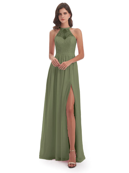 Ailani Halter Split Lace Long Bridesmaid Dresses