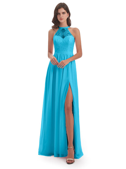 Ailani Halter Split Lace Long Bridesmaid Dresses