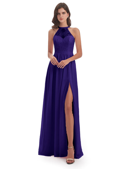 Ailani Halter Split Lace Long Bridesmaid Dresses