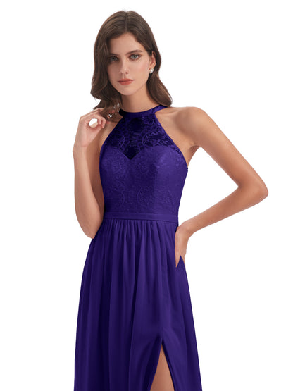 Ailani Halter Split Lace Long Bridesmaid Dresses