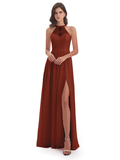 Ailani Halter Split Lace Long Bridesmaid Dresses