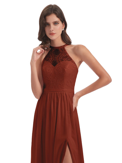 Ailani Halter Split Lace Long Bridesmaid Dresses