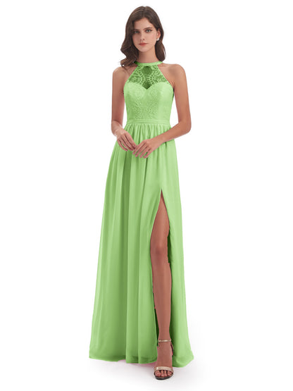 Ailani Halter Split Lace Long Bridesmaid Dresses