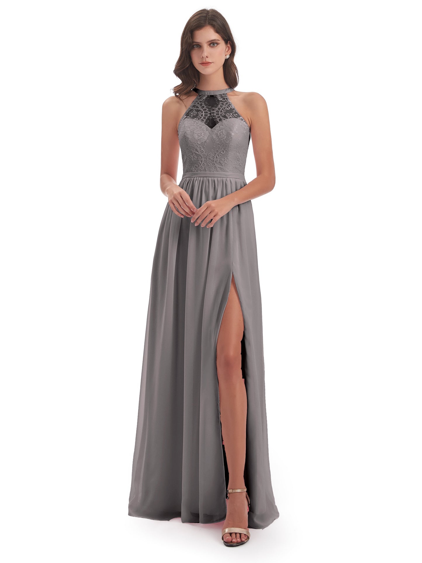 Ailani Halter Split Lace Long Bridesmaid Dresses