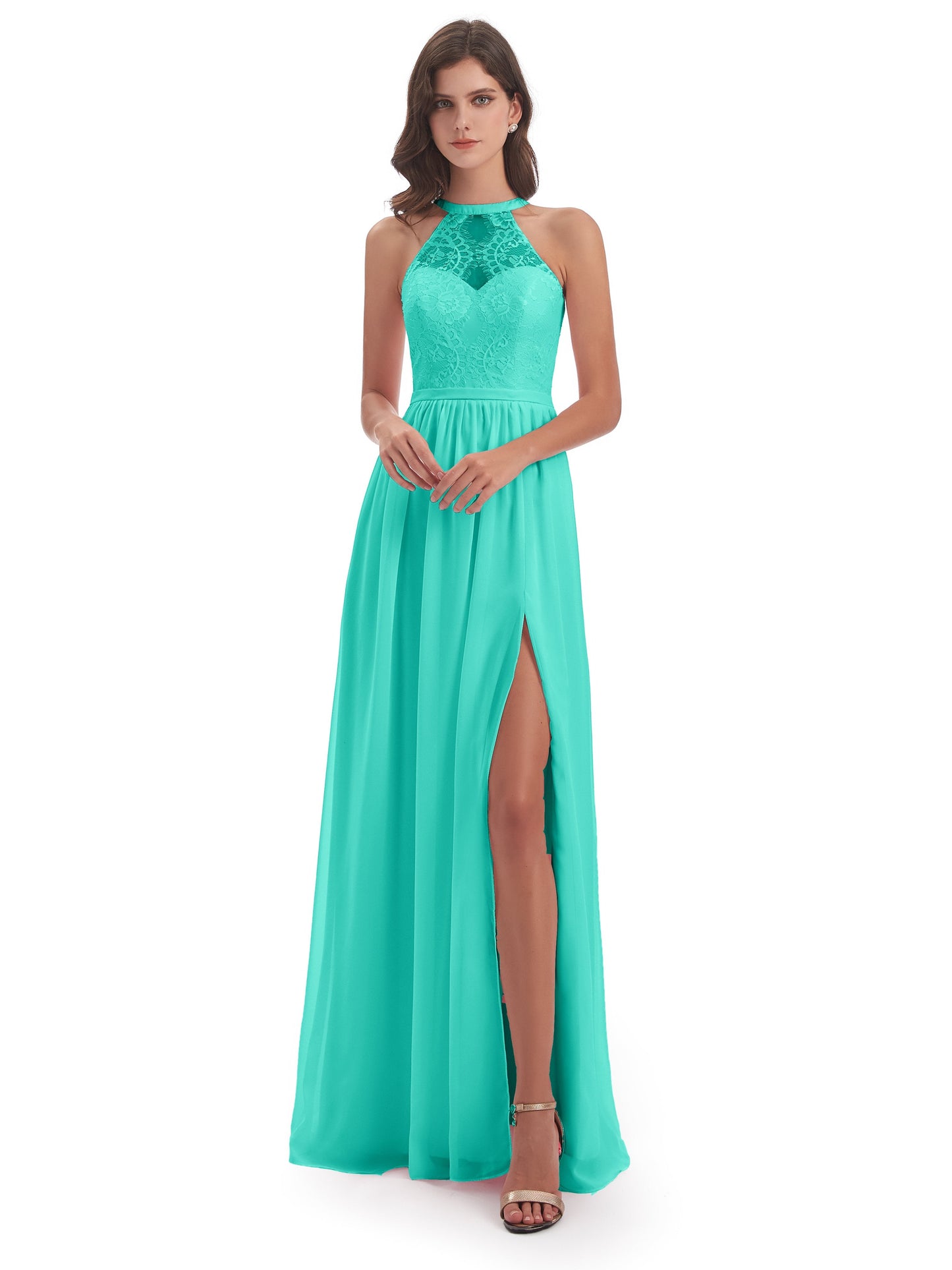 Ailani Halter Split Lace Long Bridesmaid Dresses