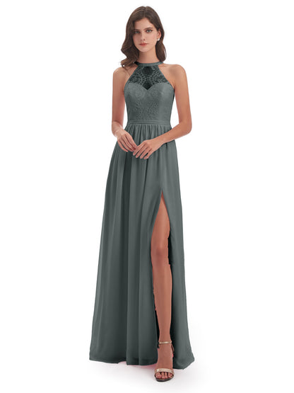 Ailani Halter Split Lace Long Bridesmaid Dresses