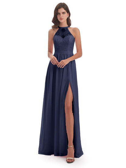 Ailani Halter Split Lace Long Bridesmaid Dresses