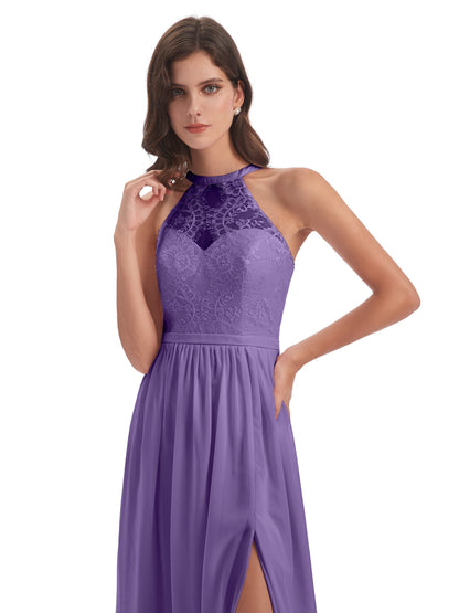 Ailani Halter Split Lace Long Bridesmaid Dresses