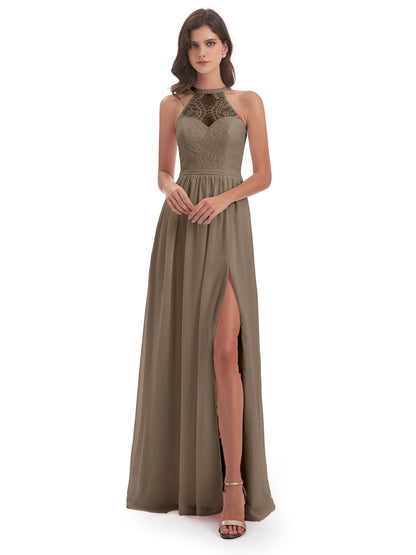 Ailani Halter Split Lace Long Bridesmaid Dresses
