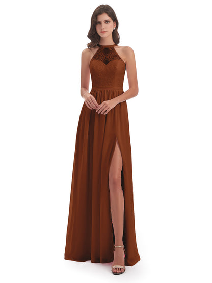Ailani Halter Split Lace Long Bridesmaid Dresses