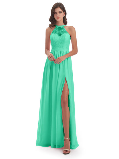 Ailani Halter Split Lace Long Bridesmaid Dresses