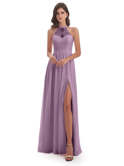 Ailani Halter Split Lace Long Bridesmaid Dresses
