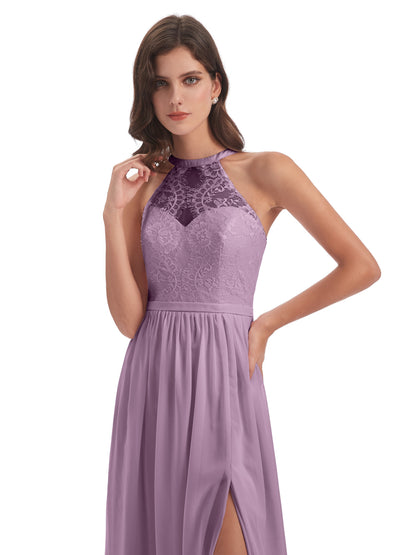 Ailani Halter Split Lace Long Bridesmaid Dresses