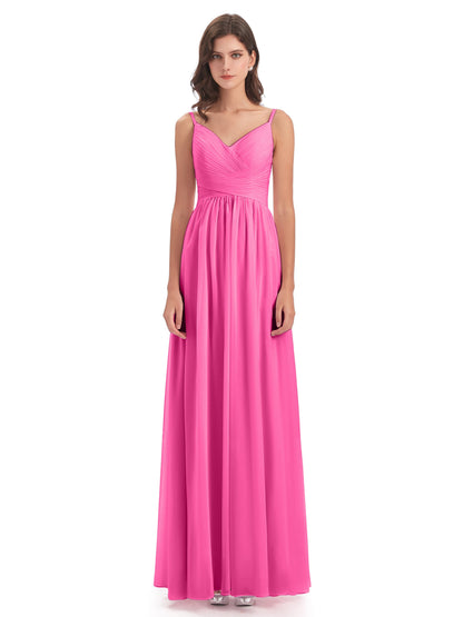 Ava Spaghetti Straps V-Neck Long Bridesmaid Dresses