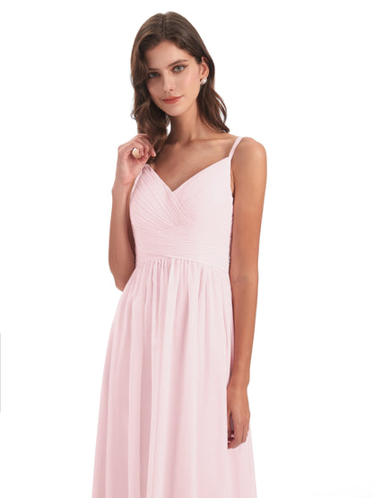 Ava Spaghetti Straps V-Neck Long Bridesmaid Dresses