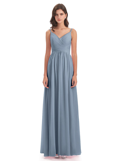 Ava Spaghetti Straps V-Neck Long Bridesmaid Dresses