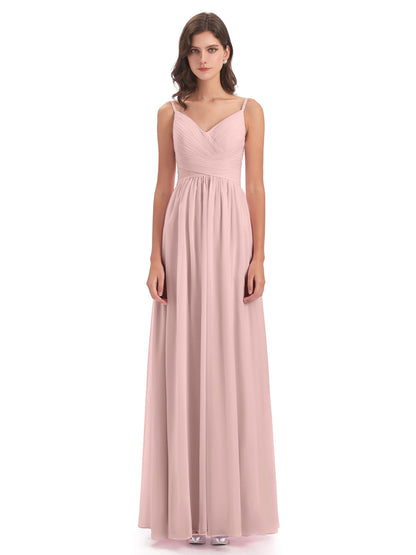 Ava Spaghetti Straps V-Neck Long Bridesmaid Dresses