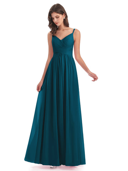 Ava Spaghetti Straps V-Neck Long Bridesmaid Dresses