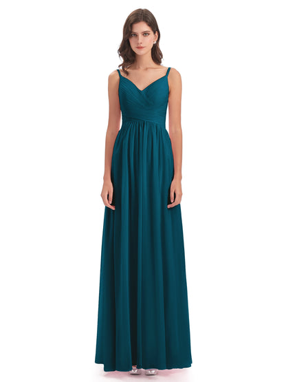 Ava Spaghetti Straps V-Neck Long Bridesmaid Dresses