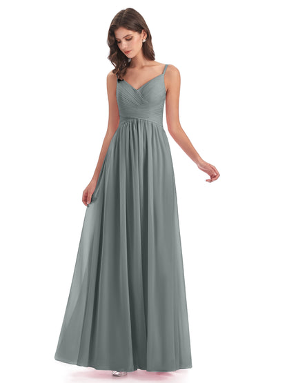 Ava Spaghetti Straps V-Neck Long Bridesmaid Dresses