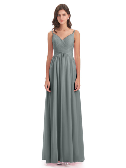 Ava Spaghetti Straps V-Neck Long Bridesmaid Dresses