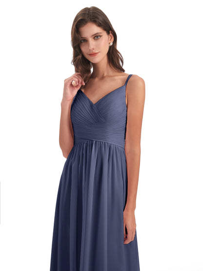 Ava Spaghetti Straps V-Neck Long Bridesmaid Dresses