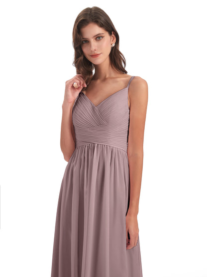 Ava Spaghetti Straps V-Neck Long Bridesmaid Dresses