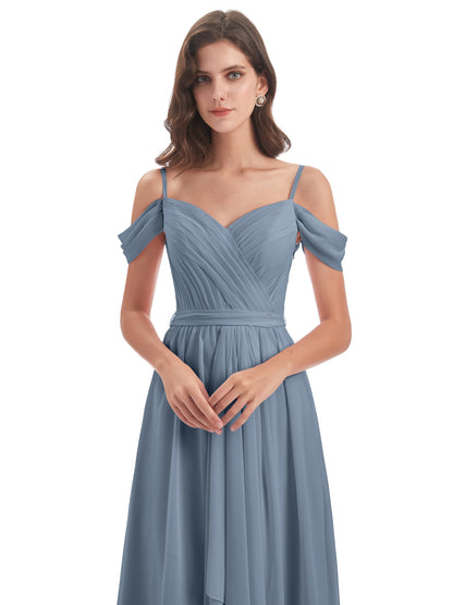 Brenna Off The Shoulder Chiffon Long Bridesmaid Dresses
