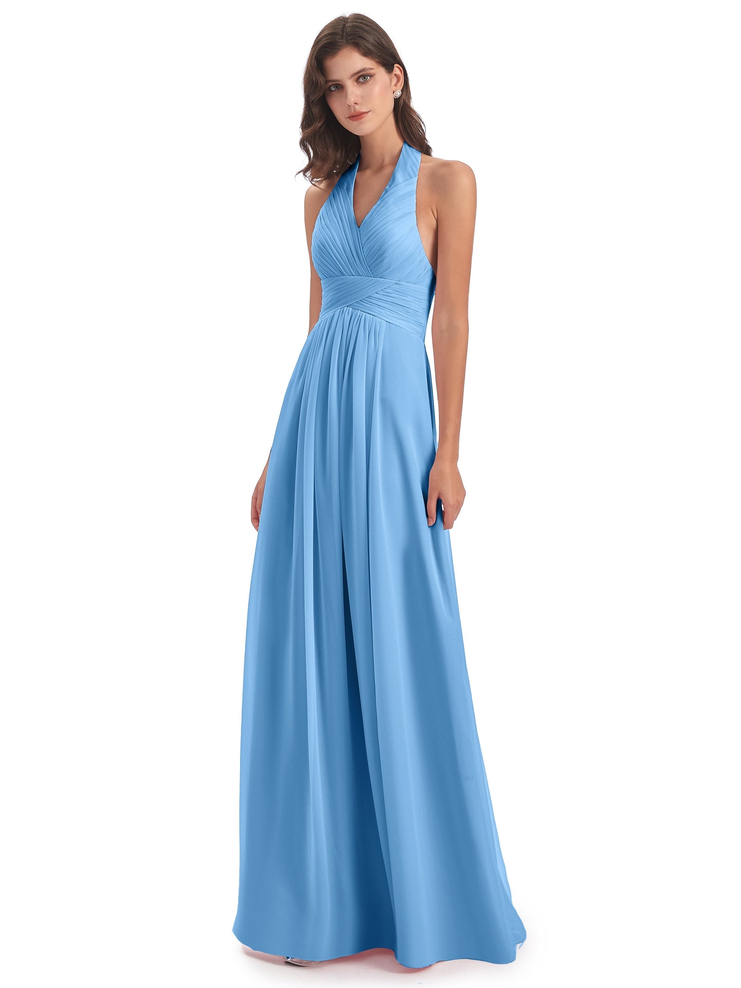 Camila A-line Halter Pleating Long Bridesmaid Dresses