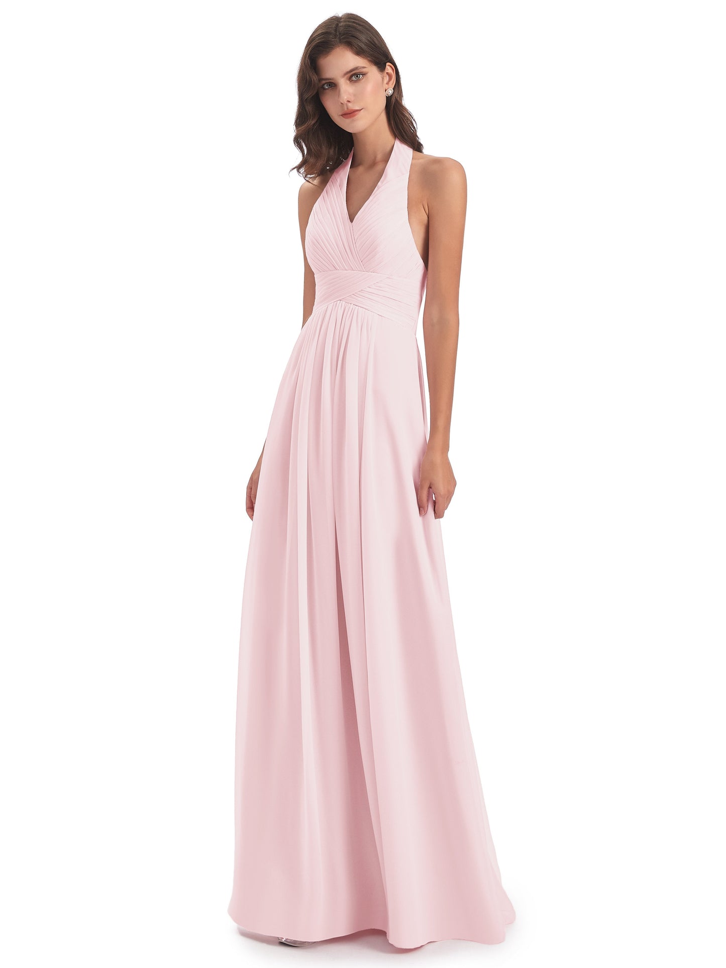 Camila A-line Halter Pleating Long Bridesmaid Dresses