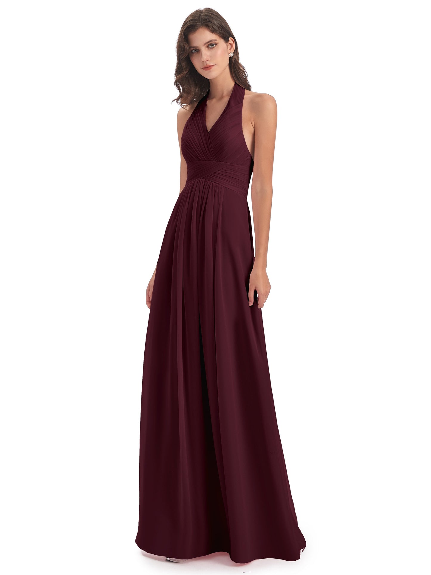 Camila A-line Halter Pleating Long Bridesmaid Dresses