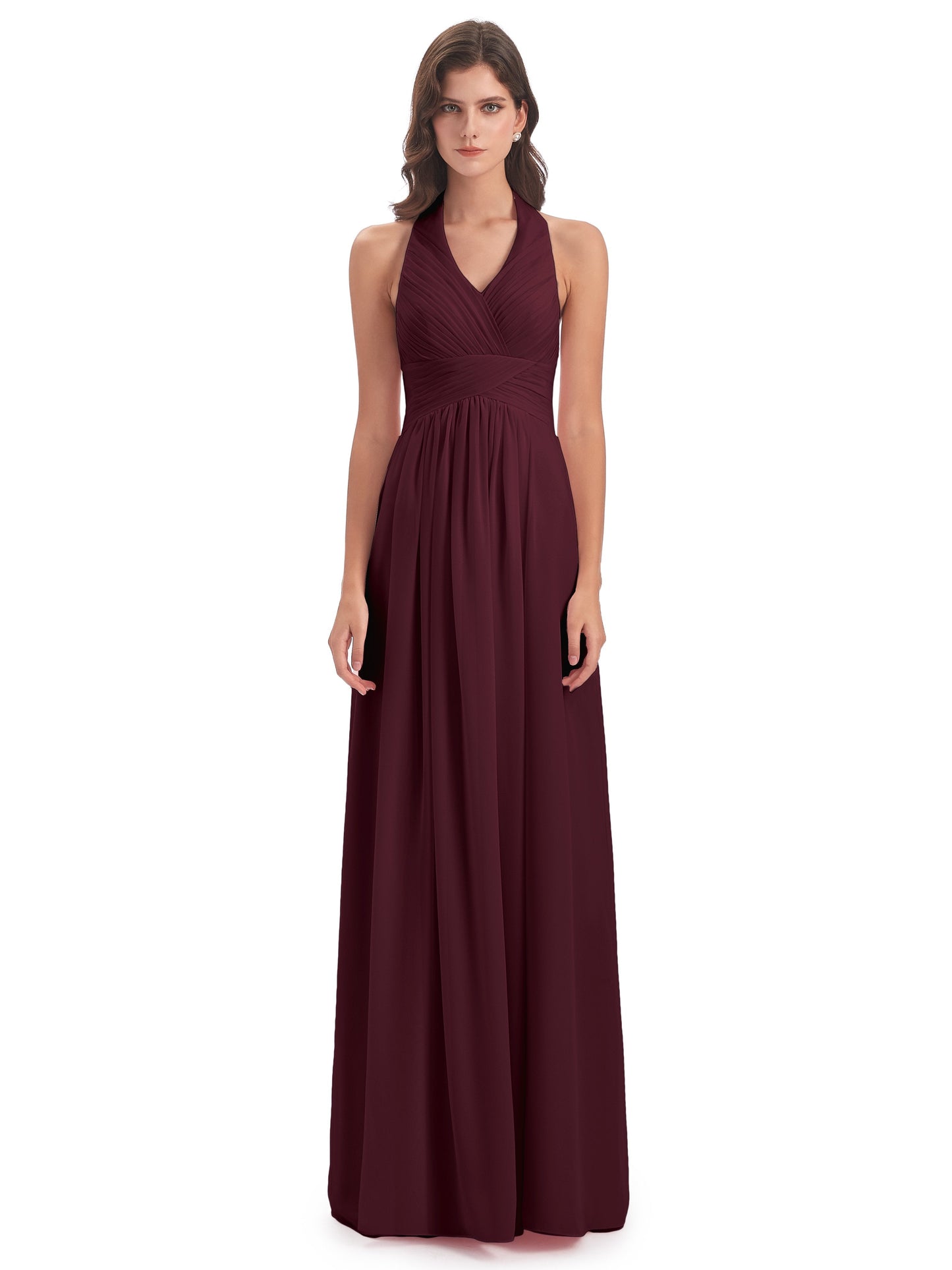 Camila A-line Halter Pleating Long Bridesmaid Dresses