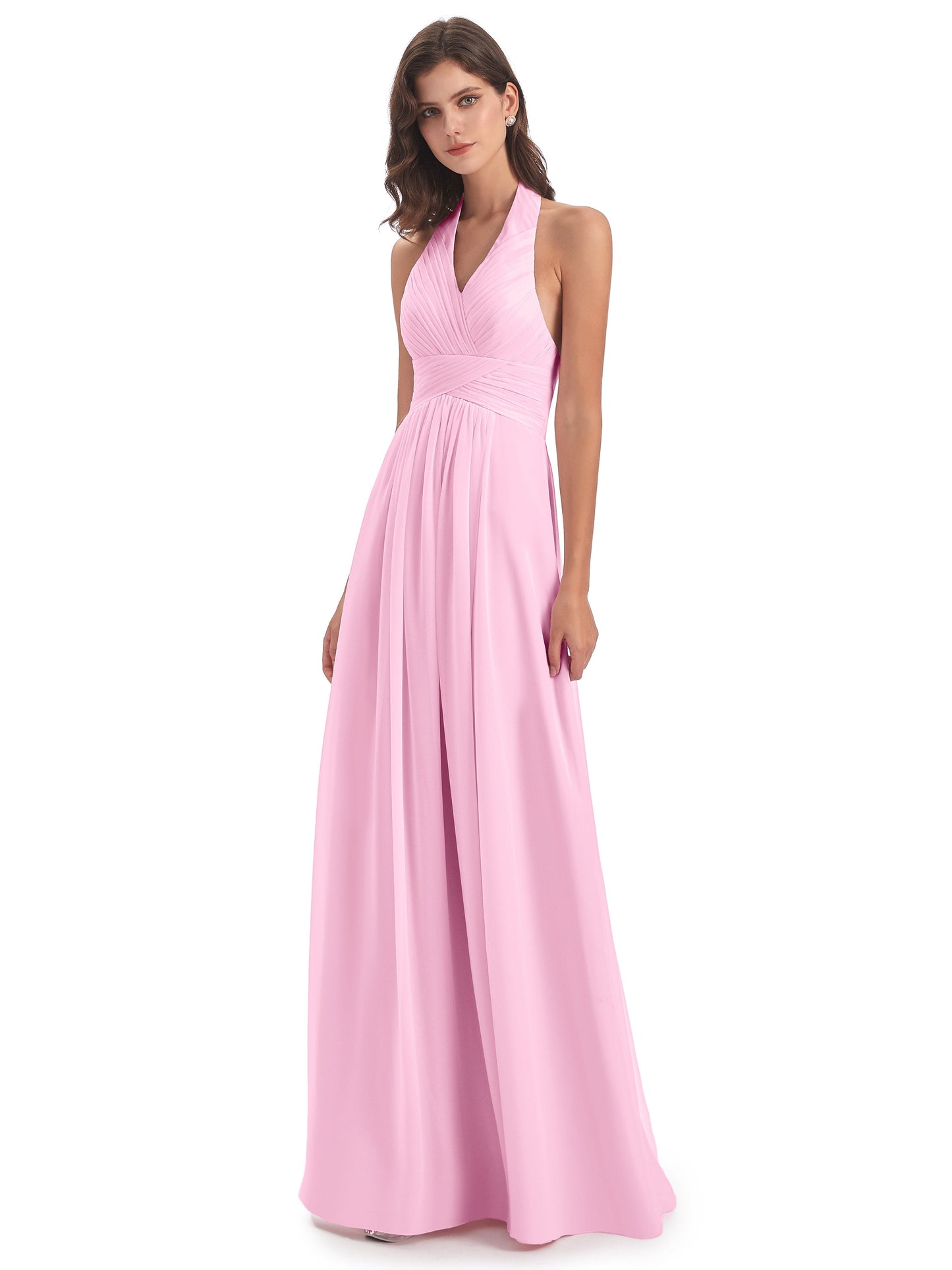 Camila A-line Halter Pleating Long Bridesmaid Dresses