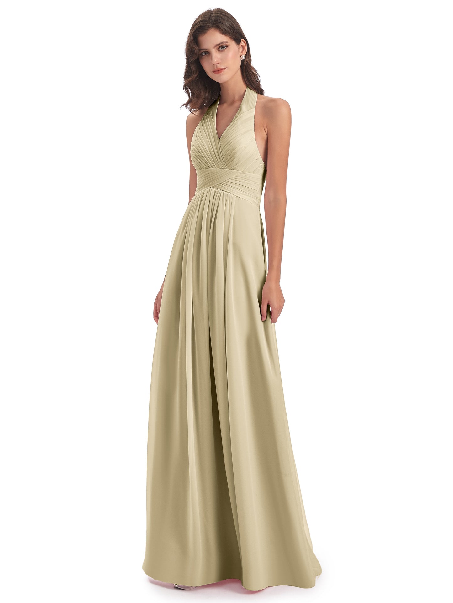 Camila A-line Halter Pleating Long Bridesmaid Dresses