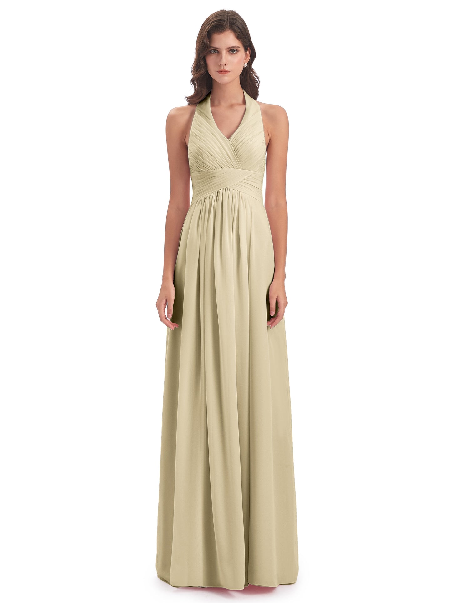 Camila A-line Halter Pleating Long Bridesmaid Dresses