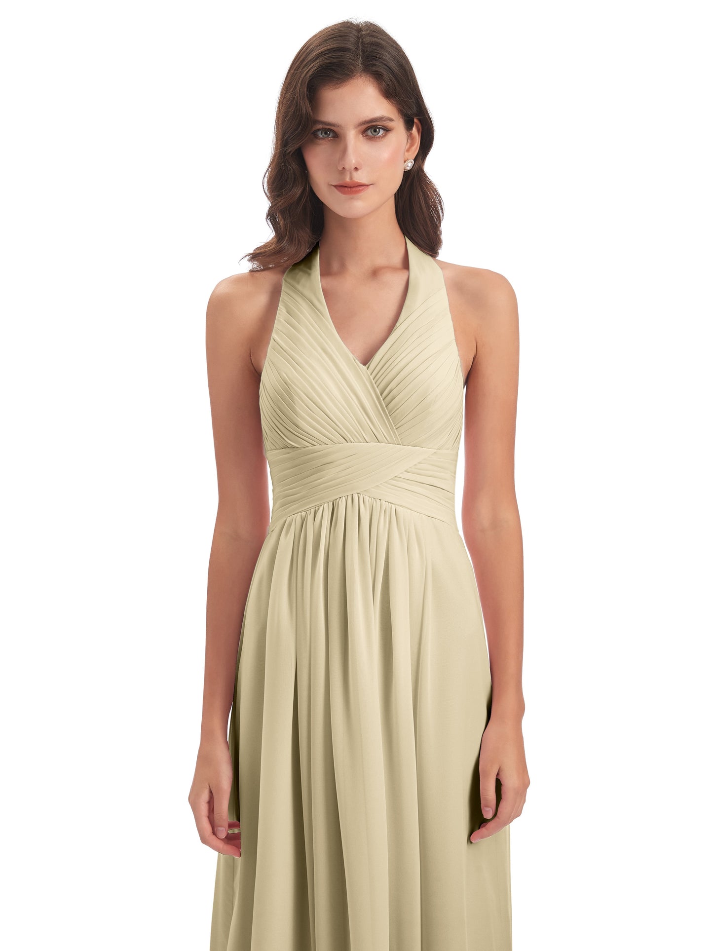 Camila A-line Halter Pleating Long Bridesmaid Dresses