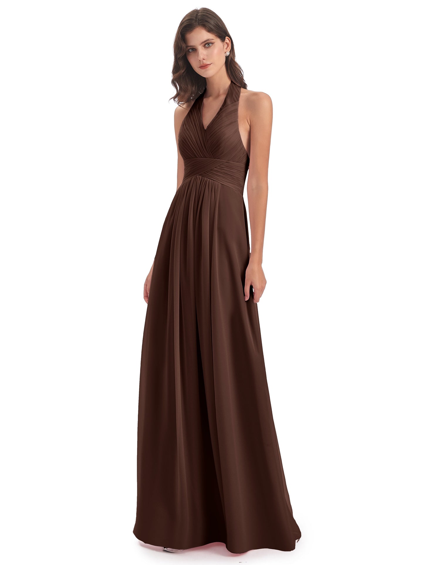 Camila A-line Halter Pleating Long Bridesmaid Dresses