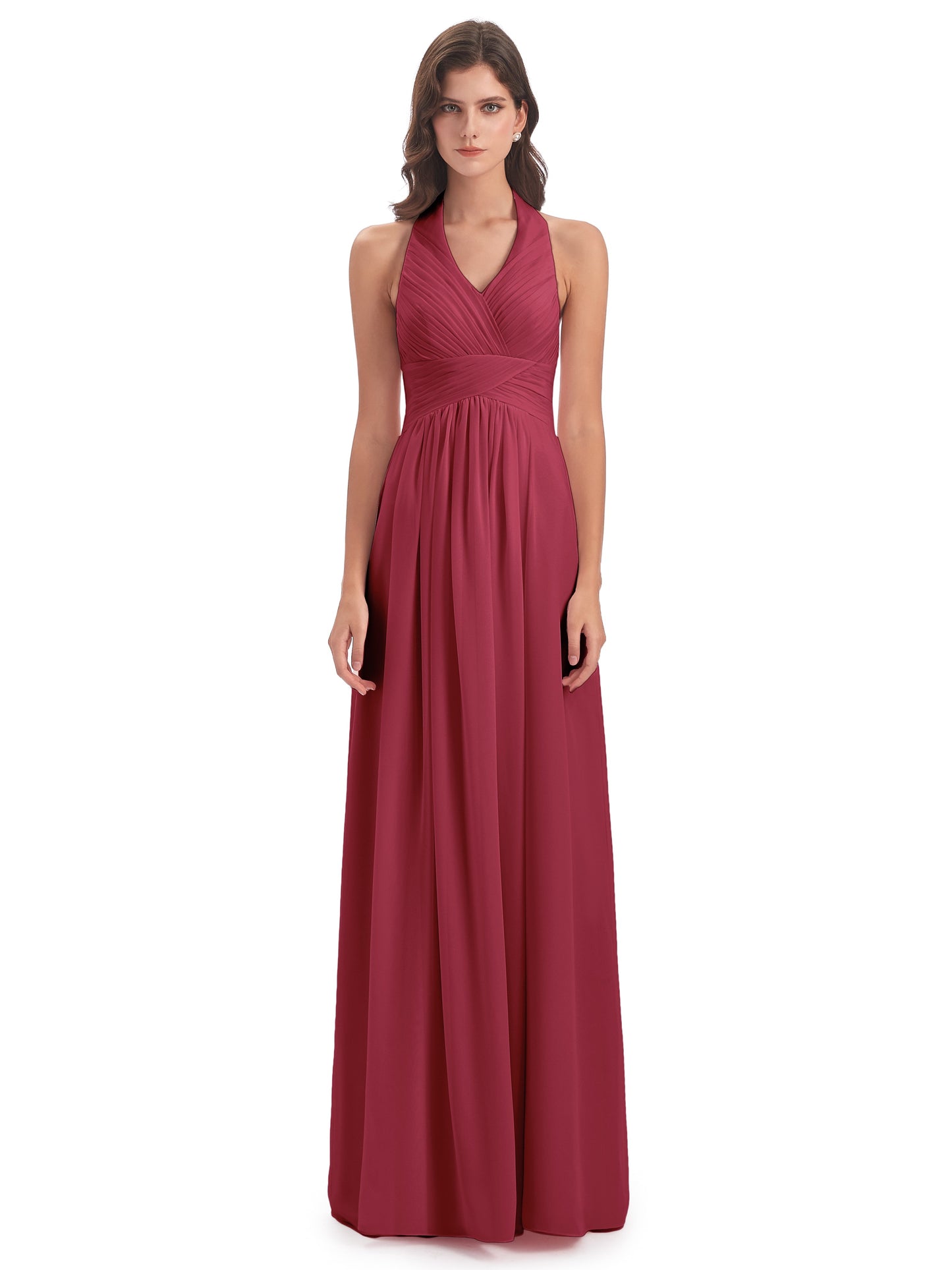 Camila A-line Halter Pleating Long Bridesmaid Dresses